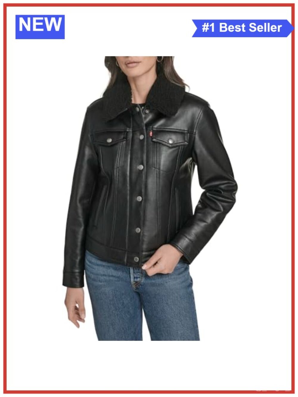 Sherpa Lined Faux Leather Trucker Jacket Zip Snap Pockets